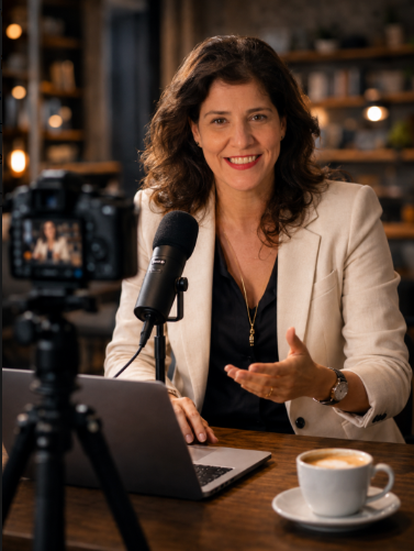 Renata Lanceiro criando conteúdo com microfone e câmera